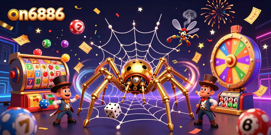 Experience the thrill of on6886 with a steampunk spider in a vibrant casino world, showcasing winning lottery elements.