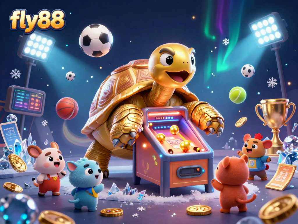 Experience the excitement of fly88 with a dynamic gaming scene featuring sports elements and animations.
