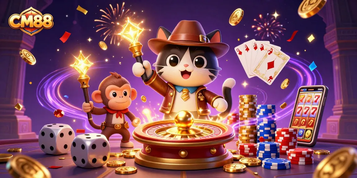 Experience money wins at CM88 with a dynamic casino discovery scene featuring vibrant elements.