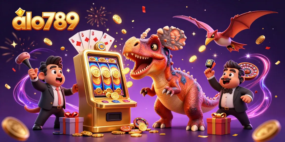 Alo789 brings excitement as characters celebrate a jackpot with coins flying from a slot machine