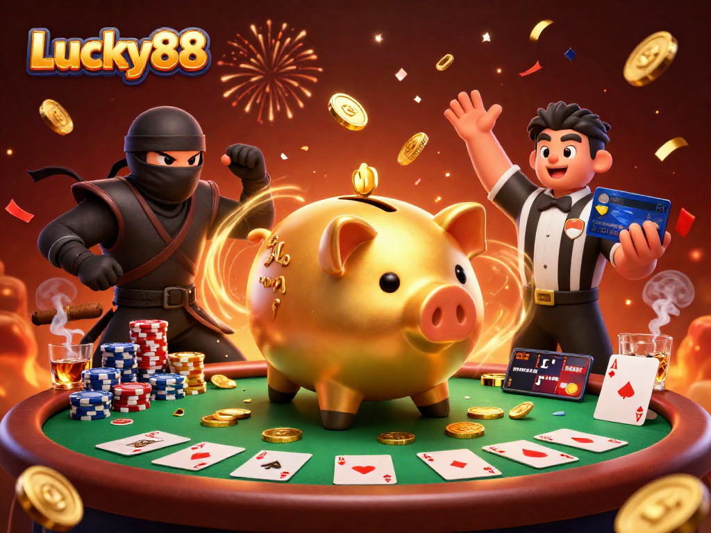 Experience the thrill of Lucky88 with a golden sumo wrestler and dynamic poker scene.