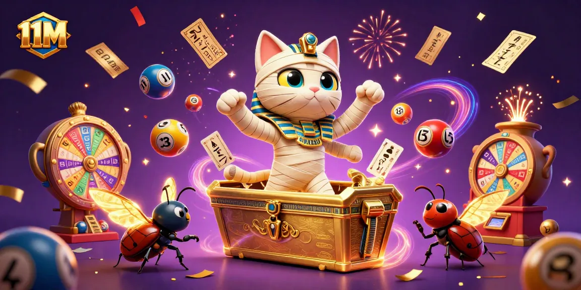 The 11M casino scene showcases an Egyptian mummy cat and glowing scarab amidst dynamic lottery elements.
