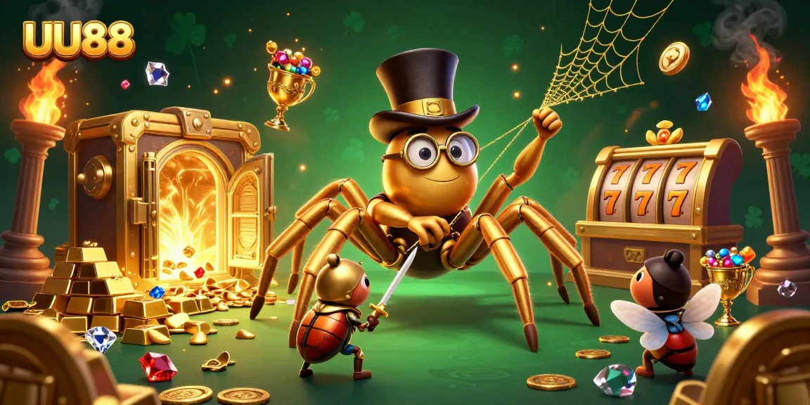 Engage with UU88 as a golden tarantula weaves a web of slots and treasures in a vibrant casino setting.