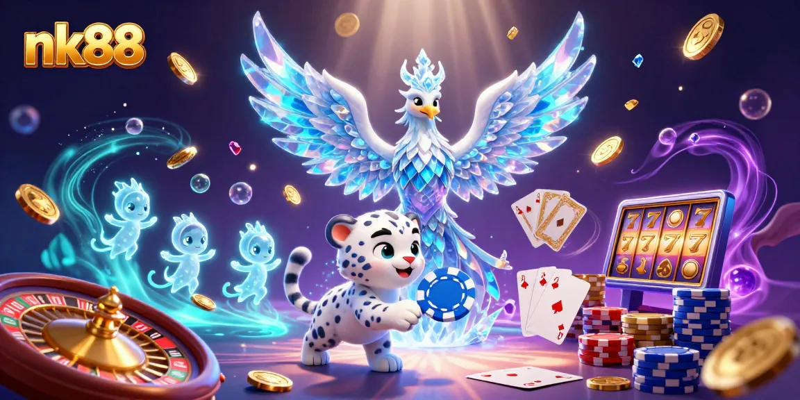 Engage with exciting nk88 gambling adventures surrounded by golden coins and a vivid casino scene.