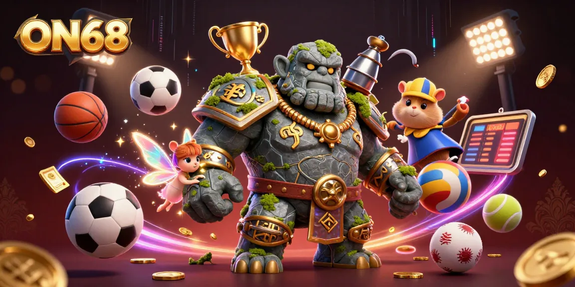 Experience thrilling gaming action at ON68 with a majestic stone golem guarding a vibrant casino scene.
