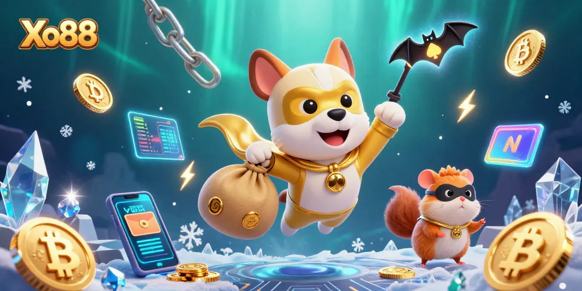 Xo88 casino features a heroic dog and hamster duo with gold coins, highlighting thrilling gameplay.