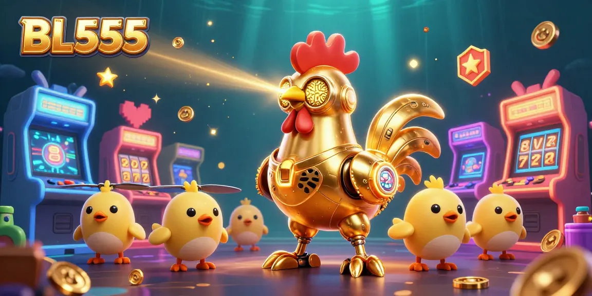 Engage with BL555's vibrant gaming environment, featuring a golden rooster robot and arcade machines.