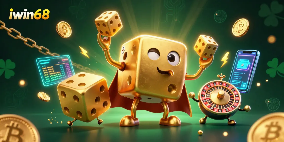 Experience thrill at iwin68 with a vibrant 3D illustration of a dice golem juggling golden dice.
