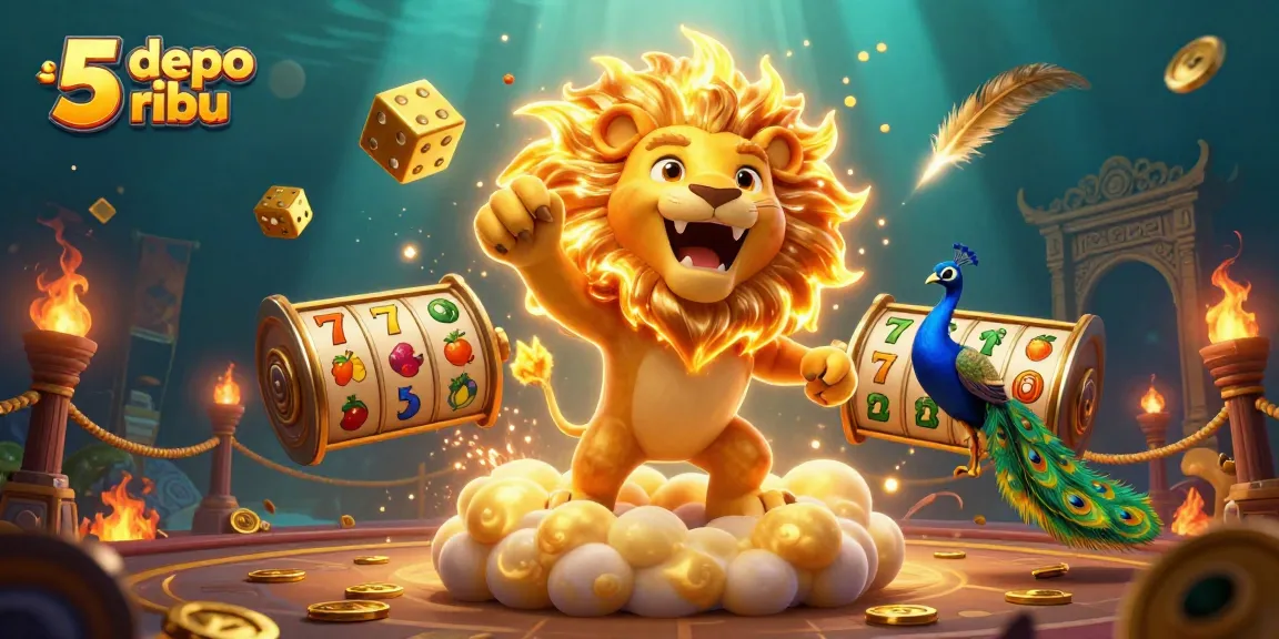 Play exciting games on slot depo 5 ribu with vibrant illustrations of golden dice, roaring lion, and dynamic casino elements.