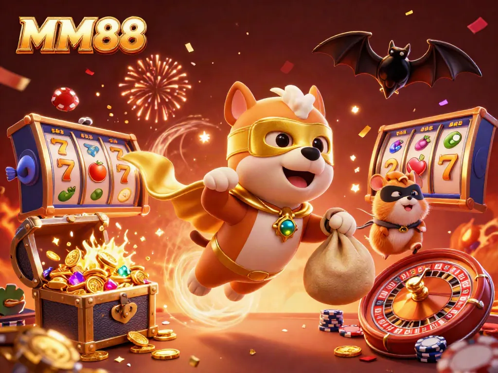 Experience the excitement of MM88 with a superhero dog and hamster amidst vibrant casino elements.