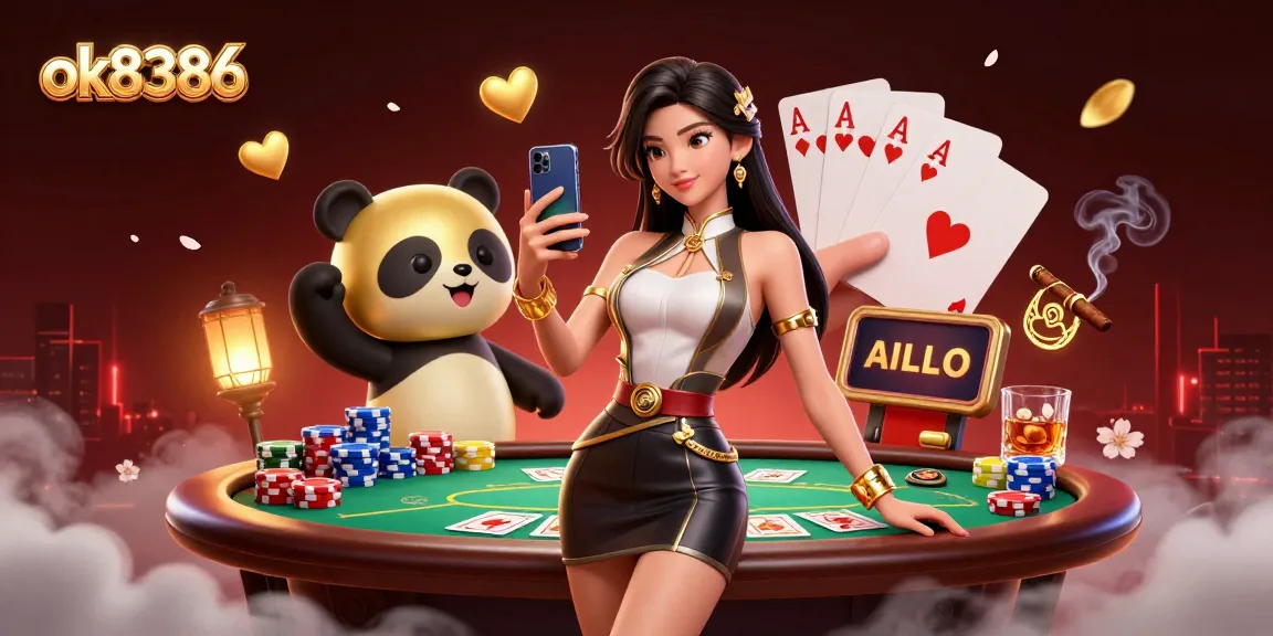 Engage with the ok8386 casino experience as an Asian woman interacts with a casino game and a golden panda.