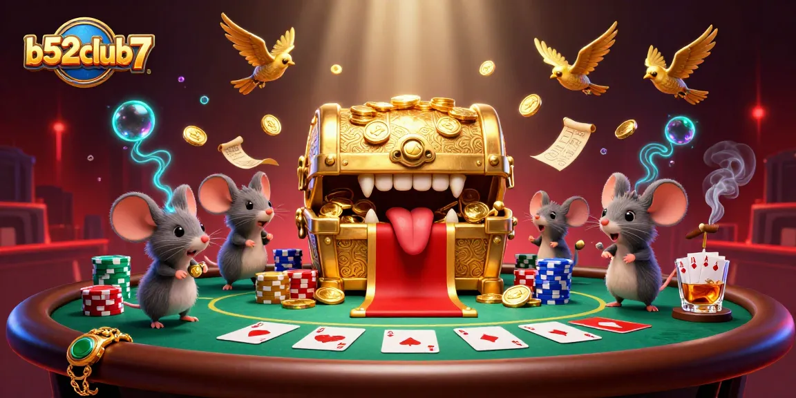 Capture the excitement at b52club7 with a vibrant 3D illustration of a treasure chest and casino elements.