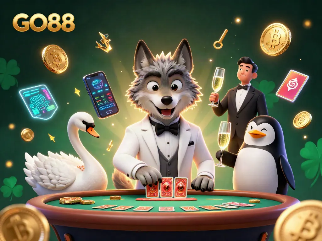 Engage with the GO88 experience featuring a cartoon debonair wolf, elegant swan, and sophisticated penguin in a vibrant casino scene.