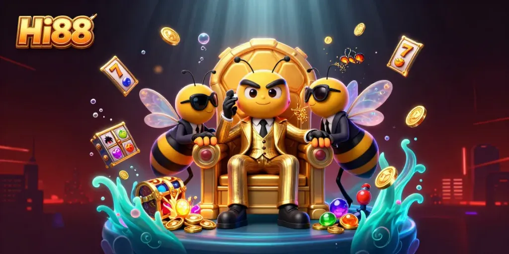 Experience Hi88's thrilling gaming world with vibrant slot reels and a whimsical bumblebee boss.