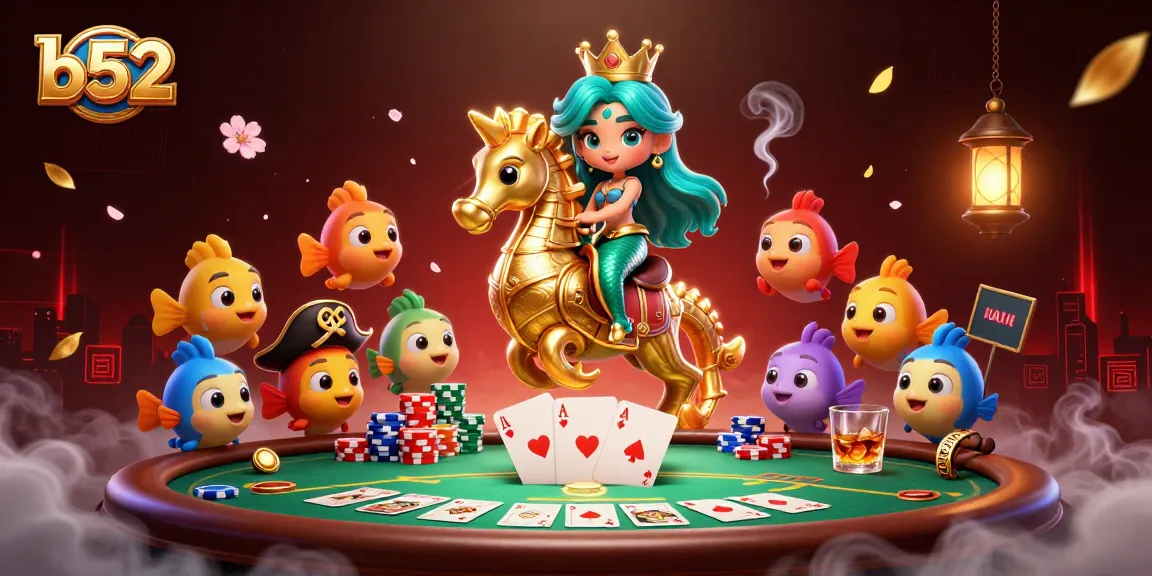 Experience the thrill of b52 gaming with a vibrant casino scene featuring colorful characters and poker elements.