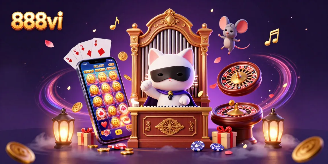 Experience the magic of 888vi with a whimsical phantom cat and lively casino elements in this vibrant 3D scene.