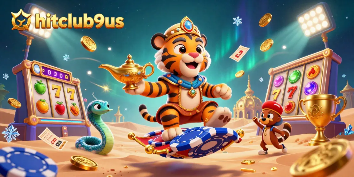 Win big with hitclub9us in a vibrant casino illustration featuring slots and a magical sultan.