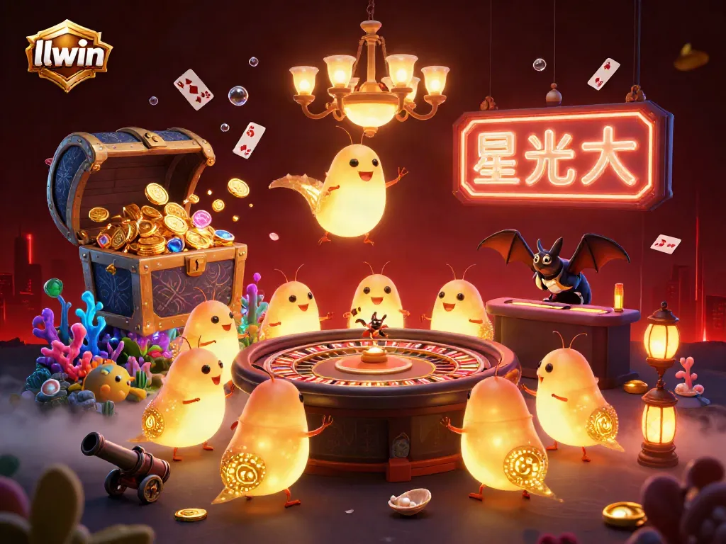 Experience the thrill of llwin's vibrant casino with glowing glowworms and thrilling game elements.