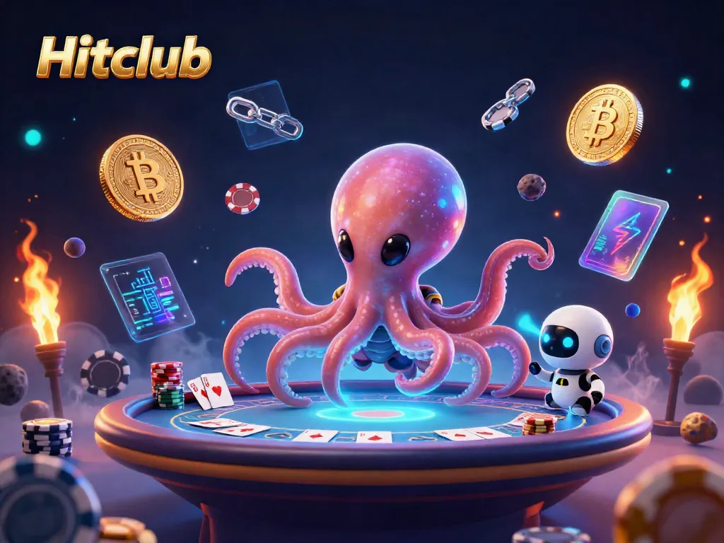 Hitclub features a 3D alien octopus at a poker table in a high-stakes casino setting