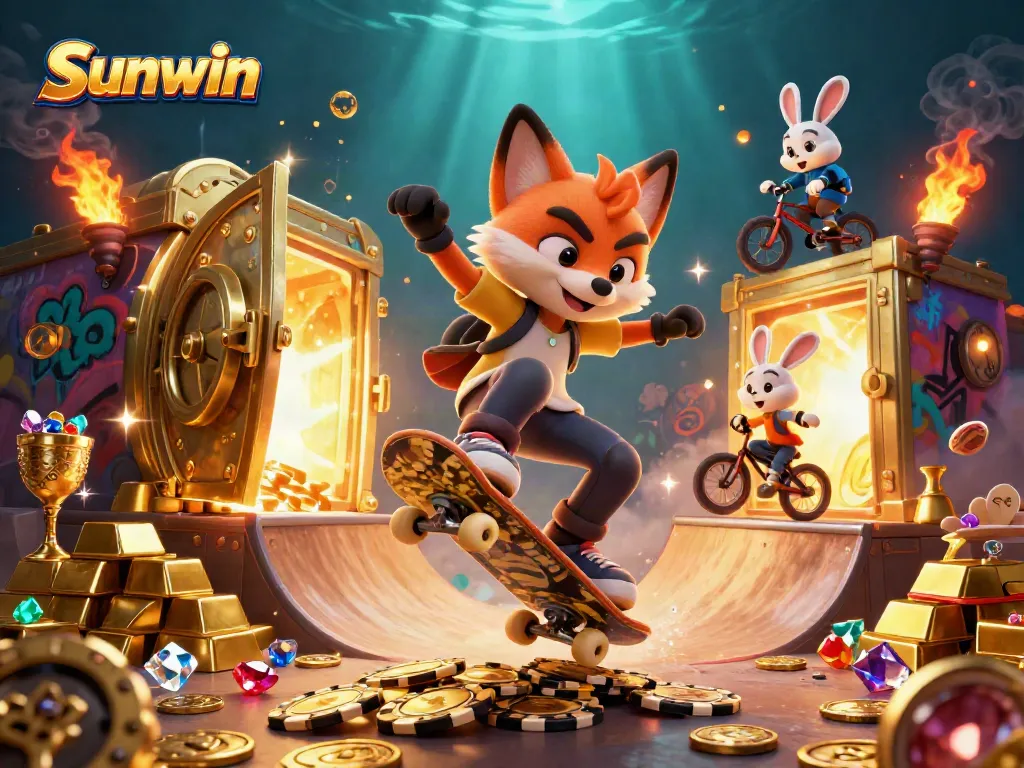 Engaging 3D illustration showcasing Sunwin's vibrant casino theme with characters and action.