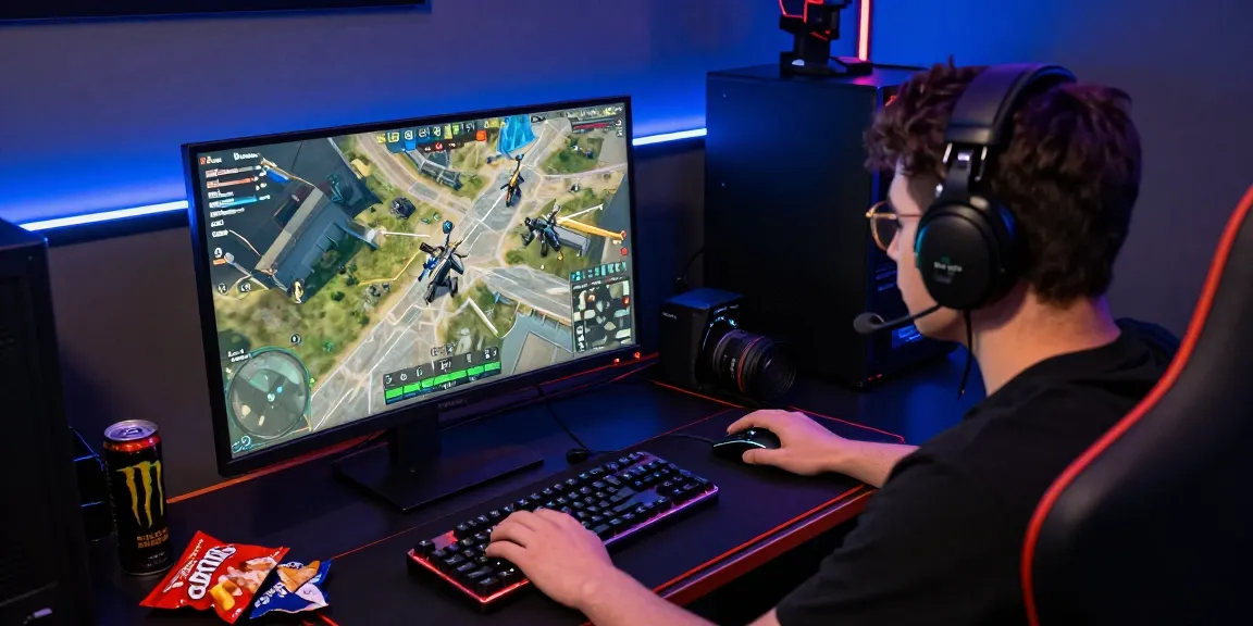 Engaged gamer using ArmA 3 Hacks with focused gameplay setup, showcasing tactical strategies and gaming peripherals.
