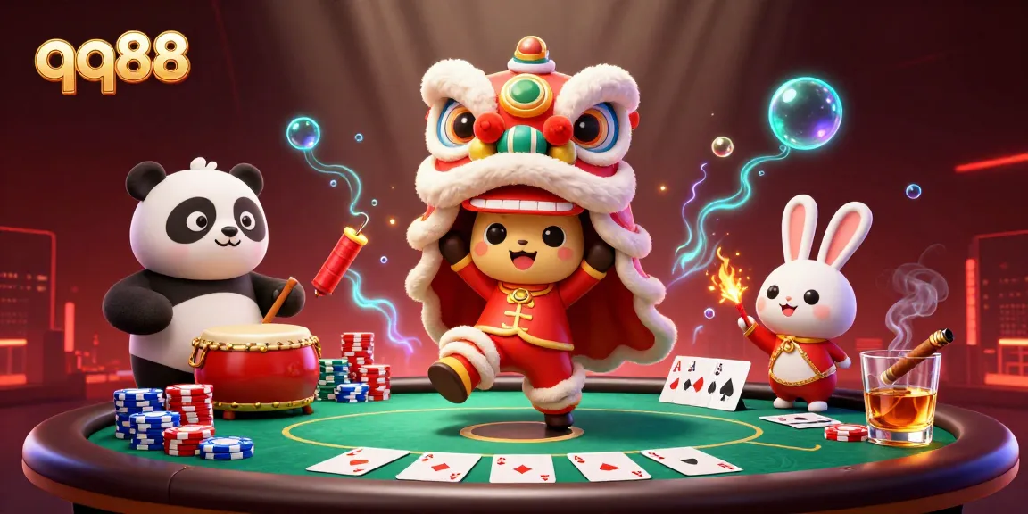 Experience the thrill of qq88 with a vibrant 3D casino scene featuring poker, a lion dance, and festive characters.