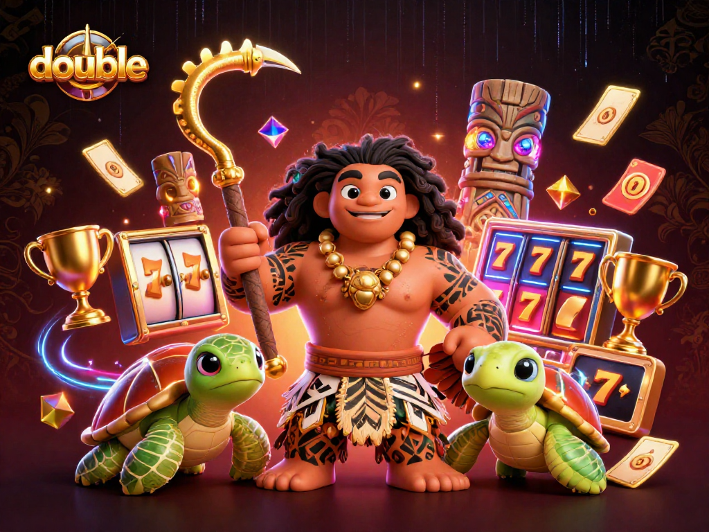 Experience thrilling slots at double with vibrant characters like a Polynesian demigod hawk and treasure-filled backdrop.