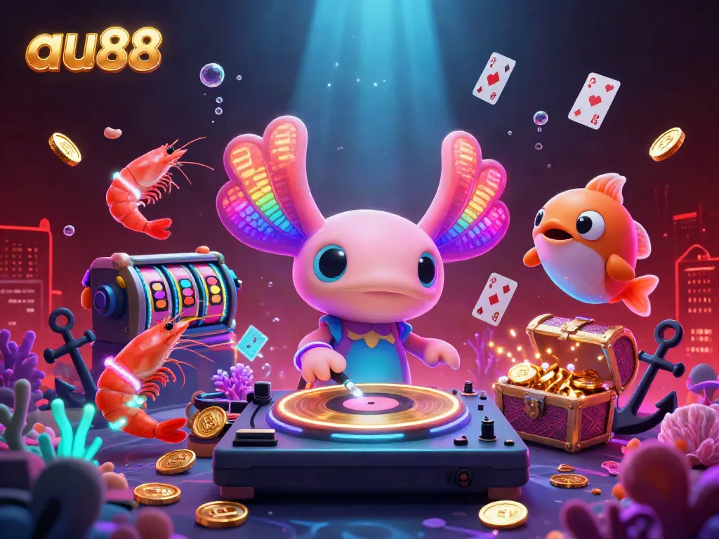 Spinning golden records with the vibrant au88 axolotl DJ surrounded by colorful slots and aquatic creatures.