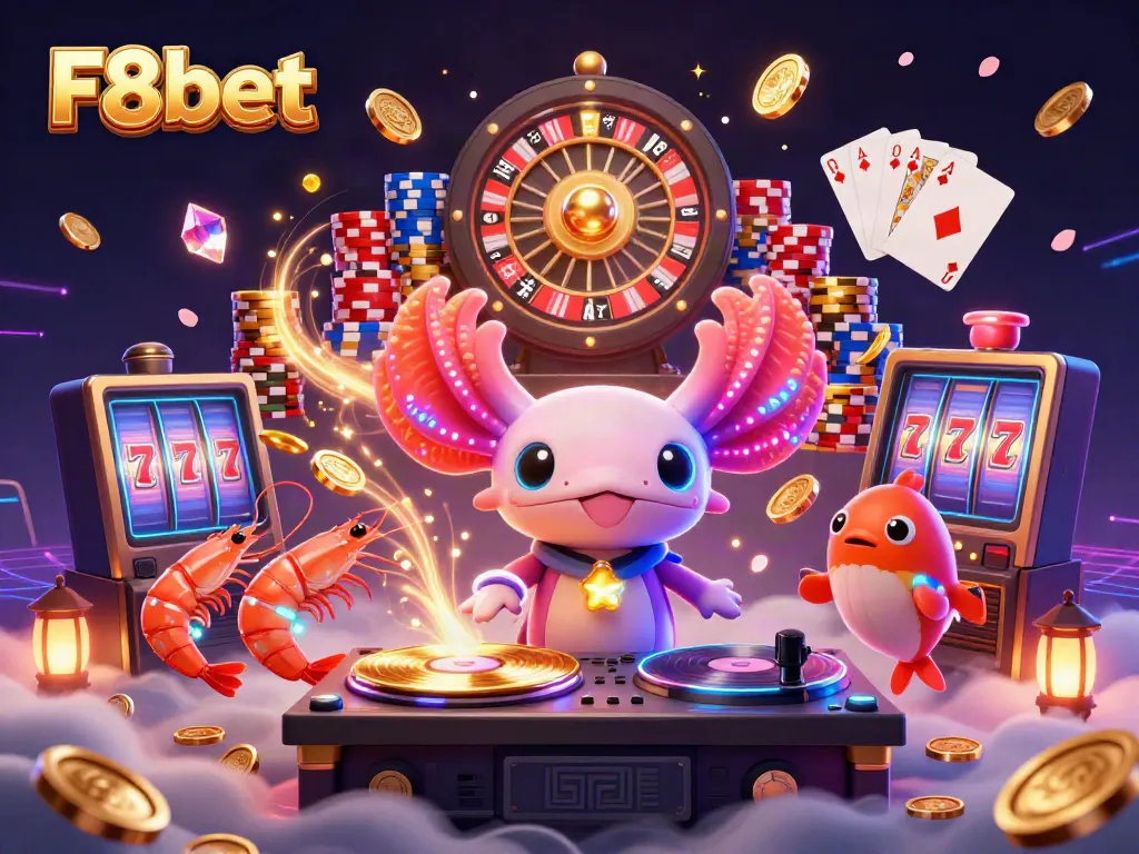 Experience the vibrant world of F8bet with a neon-themed casino illustration featuring a DJ axolotl and exciting casino elements.
