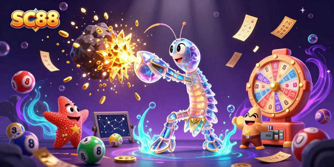 Engage with SC88 in a vibrant 3D casino world filled with lottery balls, gems, and a galactic samurai.