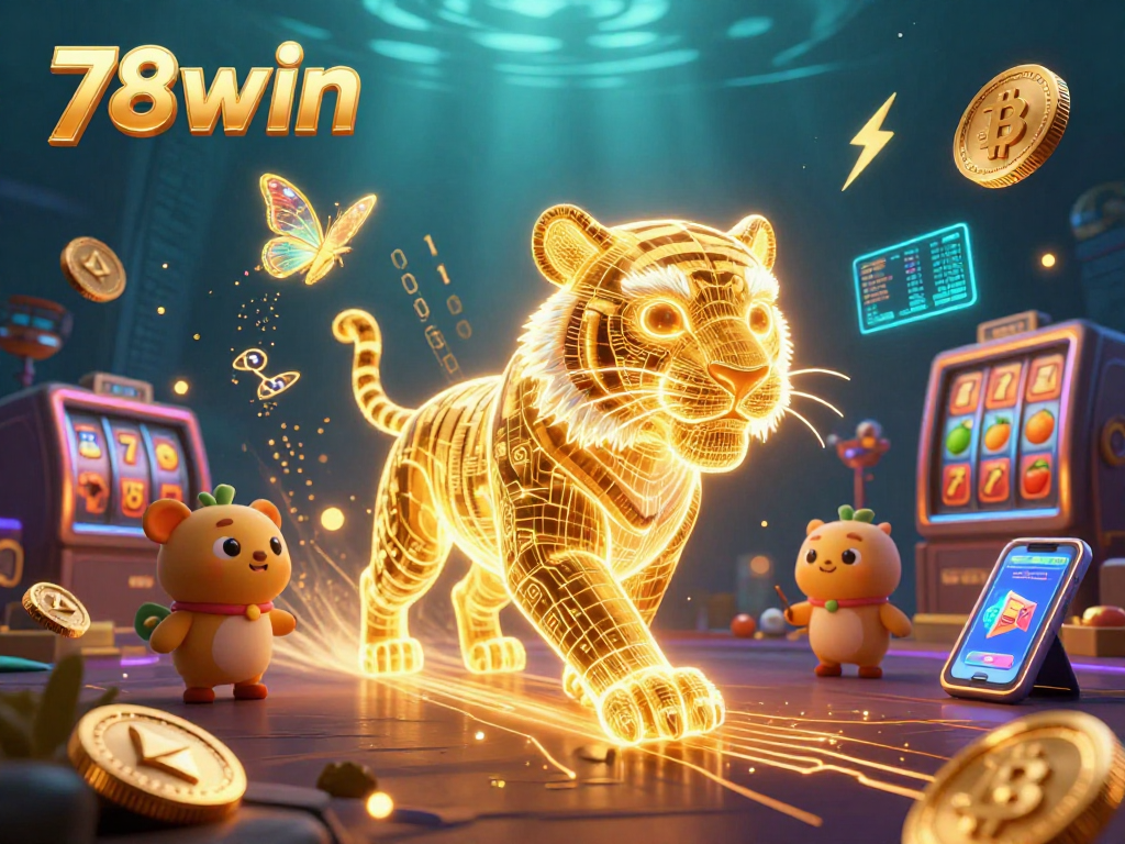 Experience the thrill of 78win with a vibrant 3D casino scene featuring a golden tiger and crypto elements.