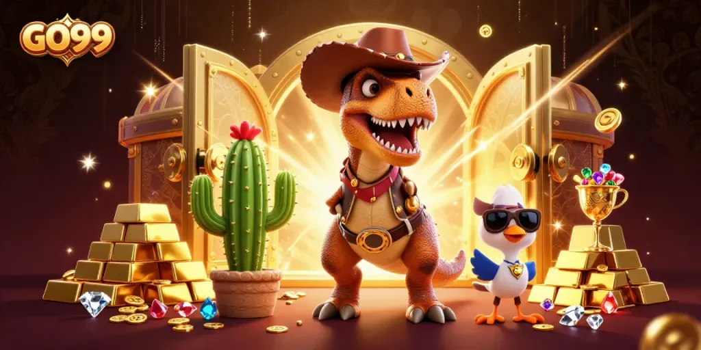Experience GO99's exciting gaming adventure with a cowboy dinosaur, treasures, and vibrant casino elements.