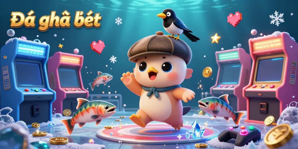 Experience the excitement of Đá gà trực tiếp with a lively illustration showcasing a playful Loch Ness monster and friendly gold magpie.