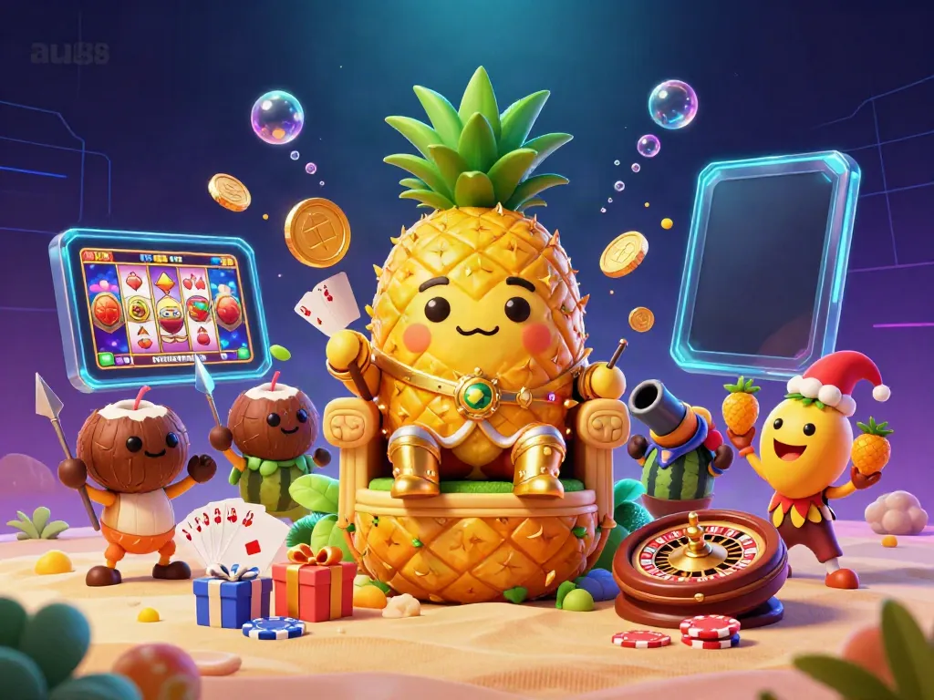 Win big with au88 at a vibrant beach casino featuring a golden pineapple king and fun elements.