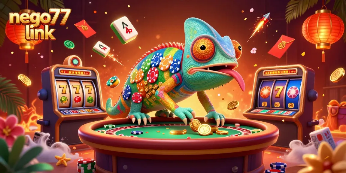 The nego77 link promotes a dynamic casino scene with a chameleon owner, slot reels, and vibrant decorations.