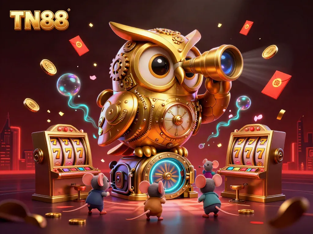 Win big at TN88 with a colorful casino scene featuring a clockwork owl and energetic slot reels.