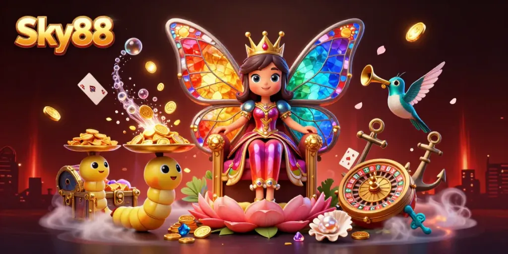 Experience the magical world of Sky88 with colorful characters and casino elements bursting with excitement.