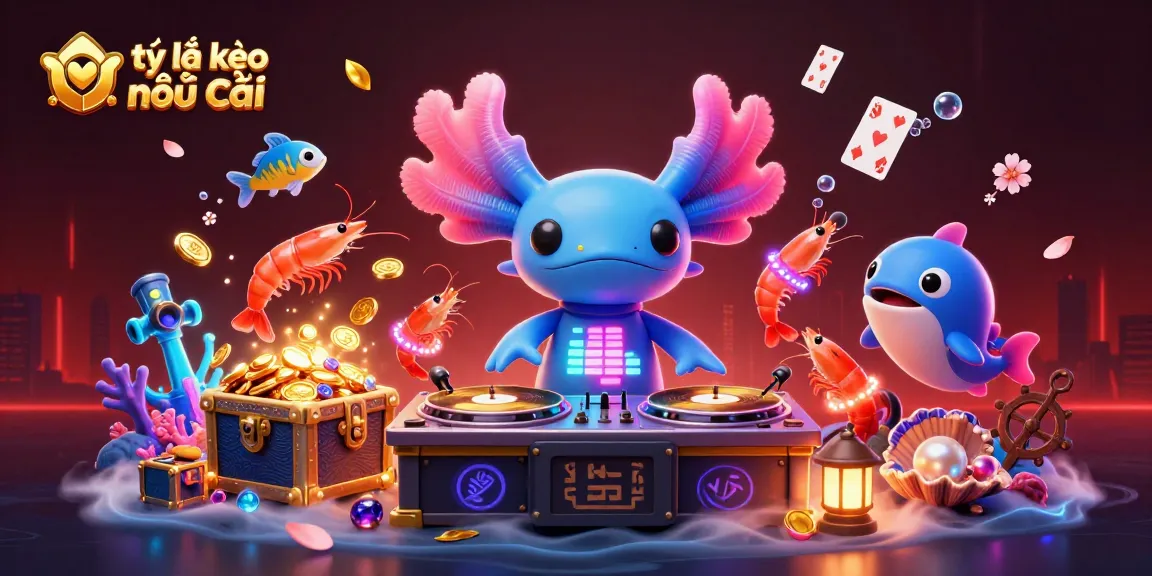 Visually engaging scene showcasing tỷ lệ kèo nhà cái with a neon axolotl DJ, underwater treasure and vibrant dance elements.