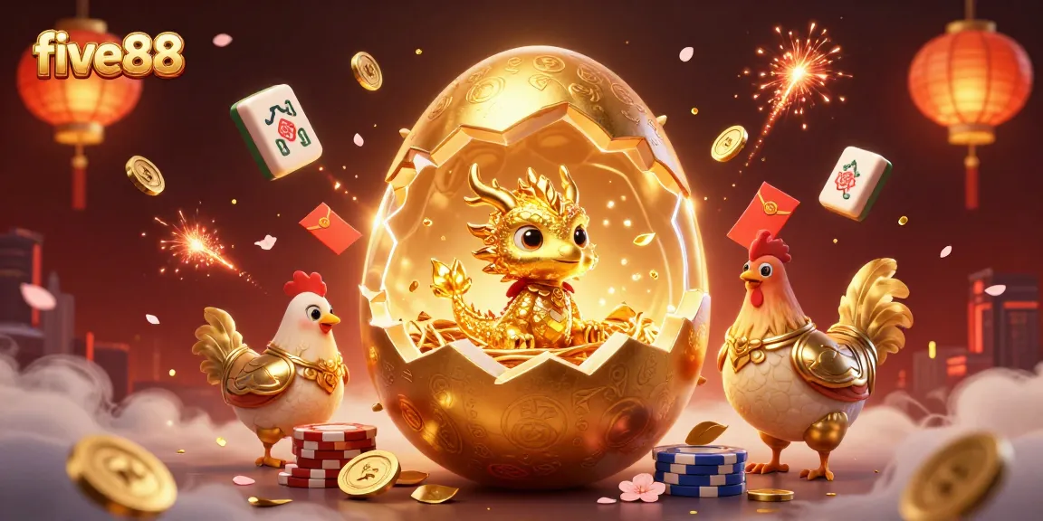 Experience five88 in this vibrant casino scene with a golden dragon and poker chips amidst festive elements.