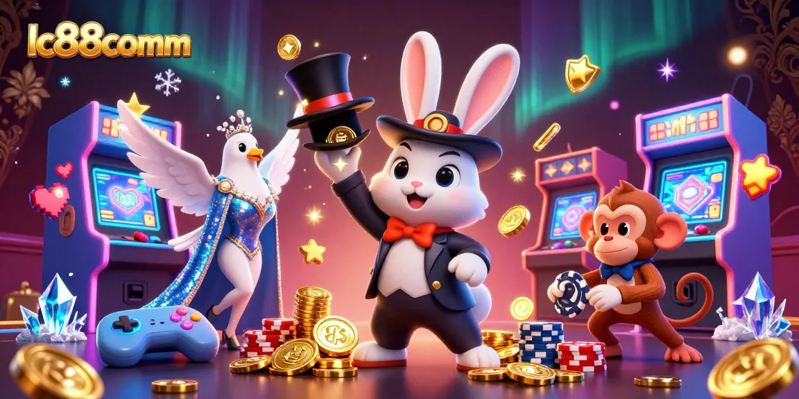 Experience enchanting gaming at lc88comm with a magician, dove, and monkey in a bustling casino scene.