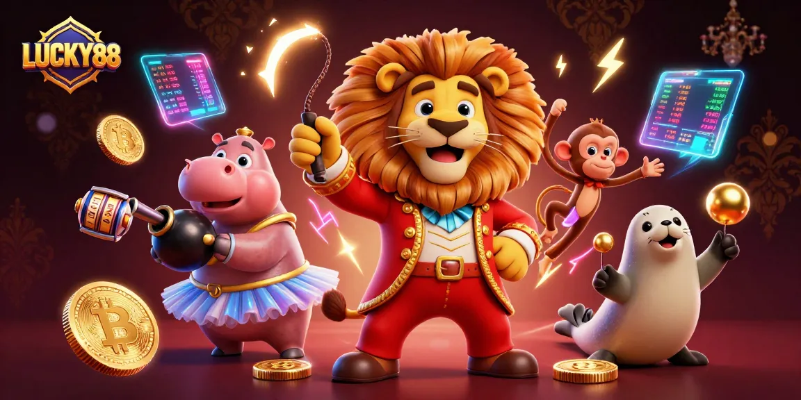 Spin the reels at LUCKY88 with vibrant characters and crypto elements in a lively casino atmosphere.