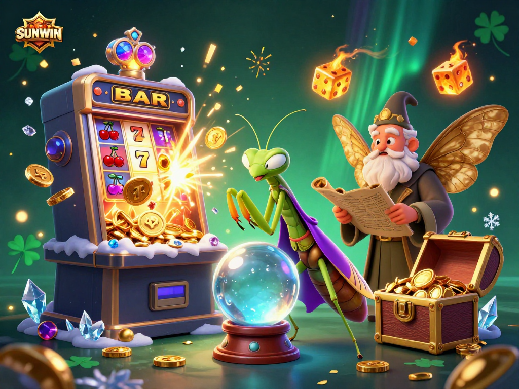 SUNWIN offers thrilling slot experiences with a whimsical fortune teller and lively casino elements in a magical scene.