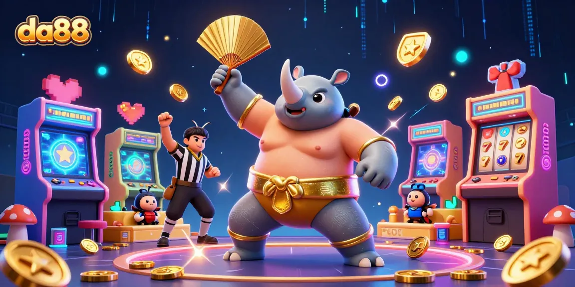 Experience thrilling da88 gaming action with a 3D sumo beetle and vibrant arcade elements.