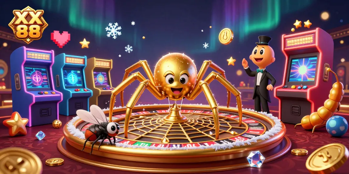 Experience thrilling bets at XX 88 with a gold spider, roulette wheel, and colorful game elements.