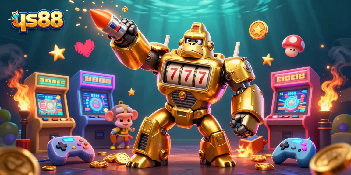 Spin for luck at qs88 with a golden gorilla mech launching coins from a slot machine!