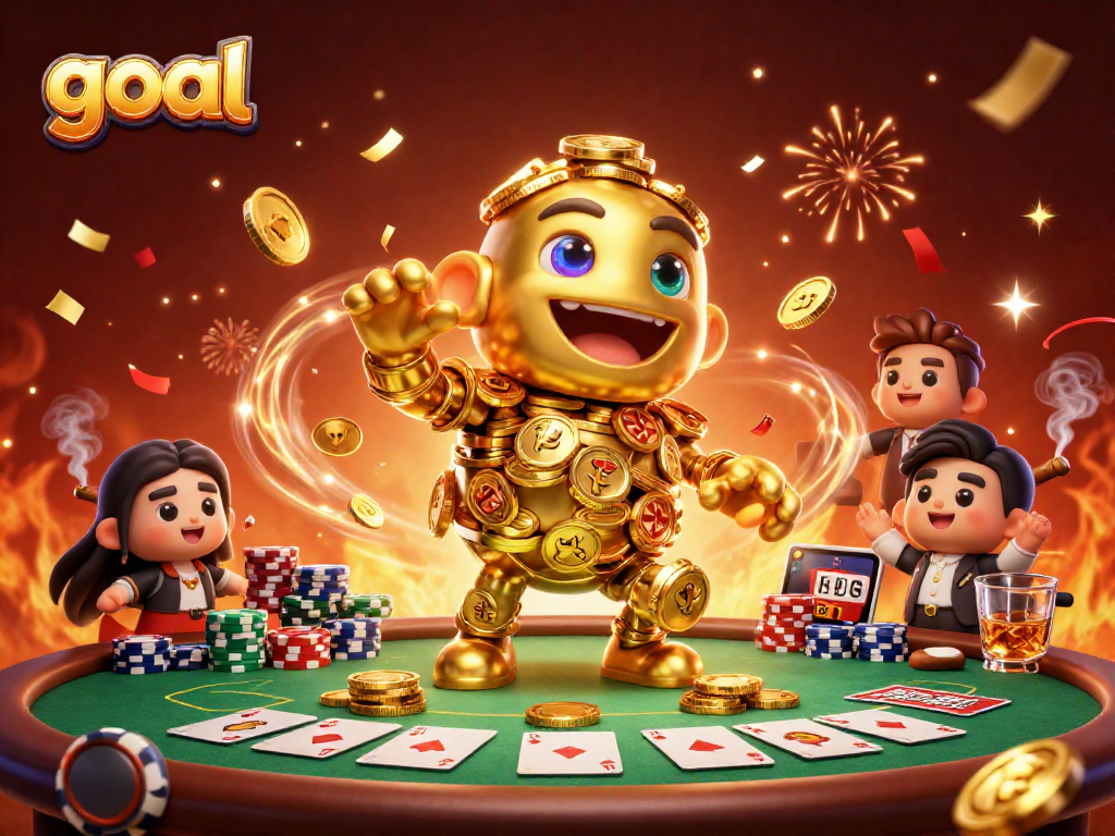 Experience the thrill of goal betting with a golden golem at a poker table surrounded by winning opportunities.
