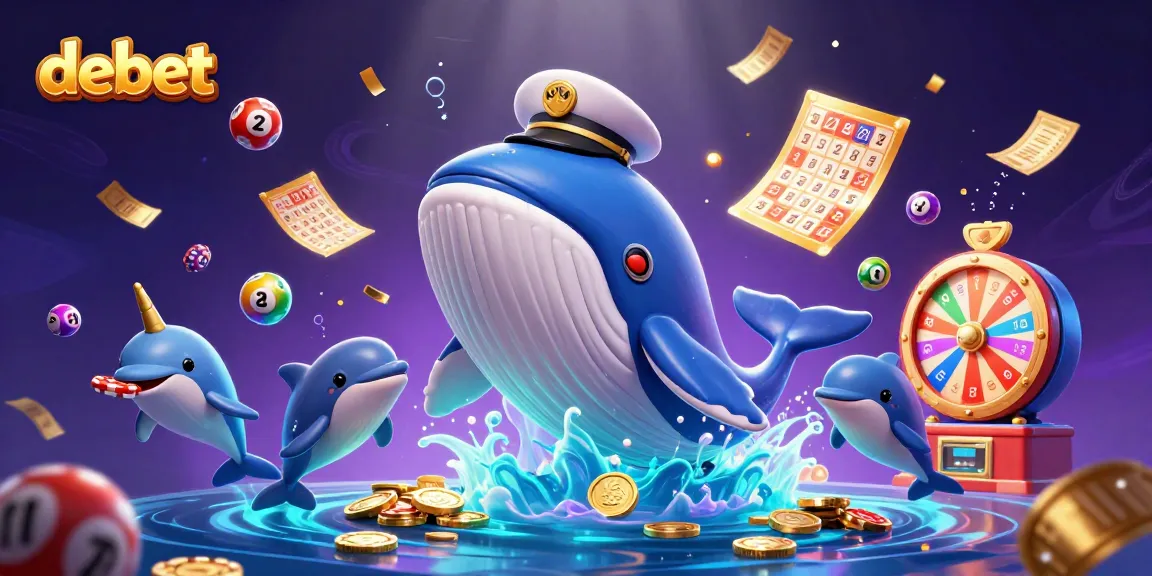 Experience debet excitement with a cartoon whale, golden chips, and vibrant casino elements.