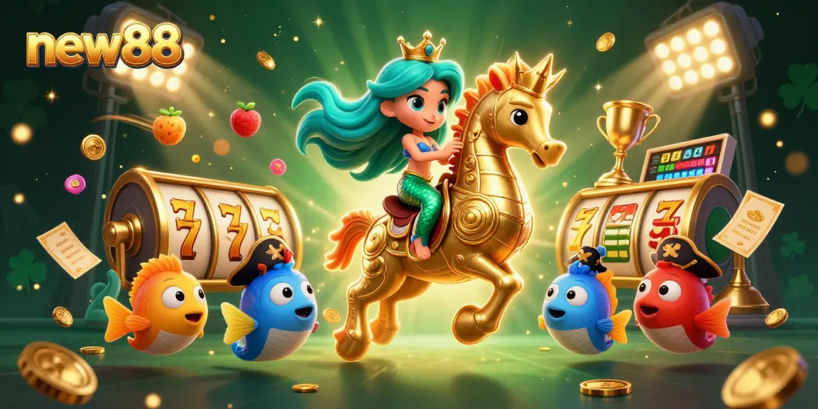 Win big with new88 in this vibrant 3D casino scene featuring slots, mermaids, and more.
