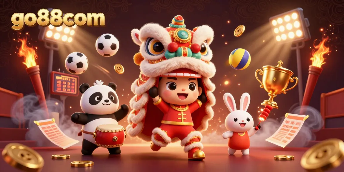Engage with dynamic gaming action at go88com featuring a lively lion dance amidst sports elements!