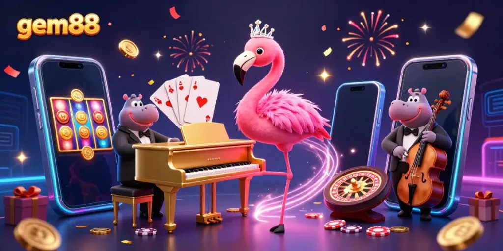 Experience the vibrant excitement of gem88 through this ultra-detailed 3D casino scene featuring lively characters.